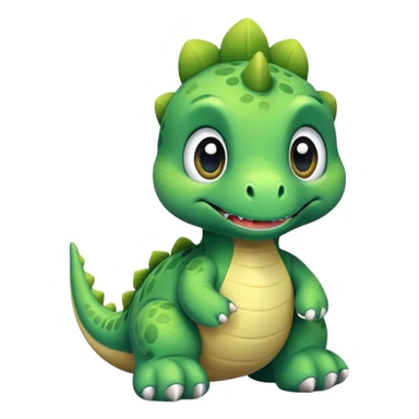 A green plush toy dinosaur with big eyes and a cute smile sticker