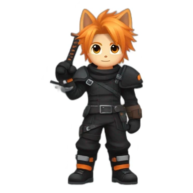 cloud strife  with orange hair. Black clothes full body with Buster sword and black and brown and white Rottweiler husky  sticker