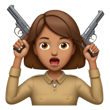 the woman emoji with brown hair and tan skin choking herself  with both hands around her neck with her mouth open and two arms from behind her holding a gun in each hand point directly at her head sticker
