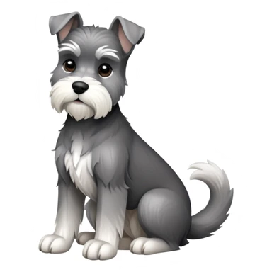 cinematic-[schnauzer]-realistic-full-body-sitting-emoji,-tail-resting-loosely-beside-its-paws,-head-tilted-dramatically, -sleek-[grey and white]-fur,-simplified-yet-realistic-focused-features,-highly-detailed,-glowing-with-an-almost-sarcastic-glow sticker