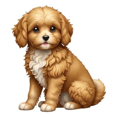 cinematic-[cavoodle dog]-realistic-full-body-sitting-emoji,-tail-resting-loosely-beside-its-paws,-head-tilted-dramatically,-curly-[solid golden]-fur,-simplified-yet-realistic-focused-features,-highly-detailed,-glowing-with-an-almost-sarcastic-glow sticker