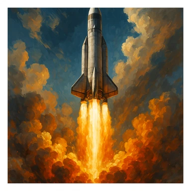 A rocket ship blasting off, dynamic and powerful, in general style, detailed and vibrant. sticker