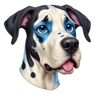 Cinematic Comical Harlequin Great Dane Portrait Emoji, Head tilted dramatically with an exaggeratedly shocked or amused expression, featuring a striking coat of predominantly white with vivid black patches, wide, expressive blue eyes filled with playful disbelief, Simplified yet hilariously expressive features, highly detailed, glowing with a slightly sassy glow, high shine, dramatic yet playful, stylized with an air of cheeky charm, bright and endearing, soft glowing outline, capturing the essence of a spirited and over-the-top guardian, so meme-worthy it feels like it could side-eye its way into internet fame instantly! sticker