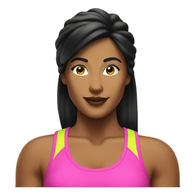 Tanned woman with black hair wearing 1980s style neon fitness outfit and hair sticker