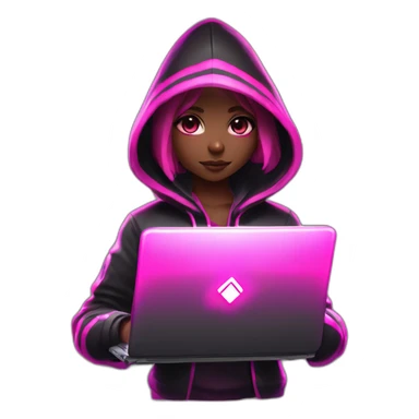 Girl developer behind his laptop with this style : Riot Games Valorant black pink glowing bright pink sparks character pink black hooded assassin themed character sticker