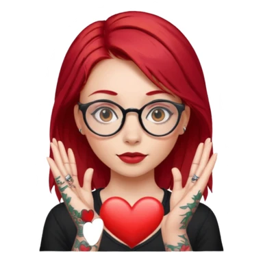 Beautiful girl, with glasses, red hair, tall, slim, with tattoos and small piercing, showing heart with hands sticker