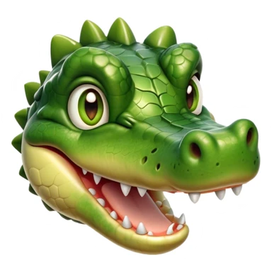 Cinematic Realistic Cute Crocodile Portrait Emoji, Head tilted playfully and inquisitively, featuring a robust, well-defined build with intricately detailed, glossy olive-green scales and a surprisingly endearing face with round, sparkling eyes full of unexpected charm, rendered with lifelike texture and natural highlights, high shine, affectionate and spirited, styled with a touch of wild whimsy, soft glowing outline, capturing the essence of a mischievous yet lovable crocodile that seems poised to snap playfully out of the screen into your arms! sticker