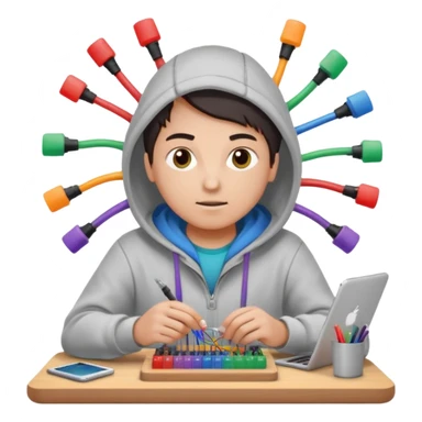 An emoji of an engineer working on a complex breadboard with many colorful wires and components. A Wi-Fi signal icon pulses above their head. They wear a hoodie and have a focused expression. Simple, cute, icon style. sticker