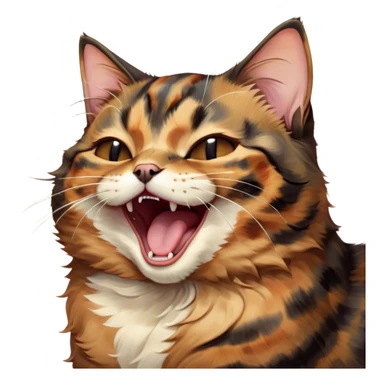 Cinematic Cute Yawning Tortoiseshell Cat Portrait Emoji, Head slightly tilted with a wide, adorable yawn and half-closed, dreamy eyes, featuring a warm, mottled fur of rich browns and blacks, simplified yet irresistibly cute, highly detailed, glowing with a soft, slumbering radiance, high shine, exuding a relaxed, drowsy charm, styled with a gentle, soft glowing outline, capturing the essence of a tortoiseshell cat in a precious moment of sleepy delight! sticker