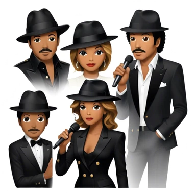 Icon for R&B Music: collage of iconic R&B artists—Michael Jackson, Beyoncé, Lionel Richie, Whitney Houston. Each artist represented by a silhouette or symbolic item (like a glove, microphone, or fedora). Transparent background. sticker