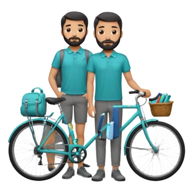 a man with a grey backpack and a torquoise byciycl and he has black shot=rt man hair and a beard with a polo grey shirt and dress pants sticker