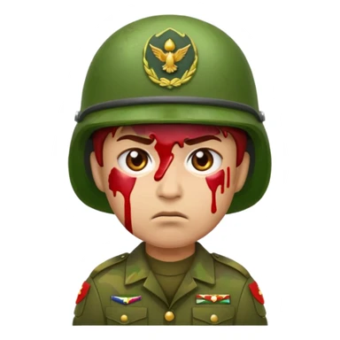 scowling soldier emoji with red skin tone, blood splatter on left cheek, wearing green helmet and military uniform, slightly different expression, 2d apple emoji style sticker