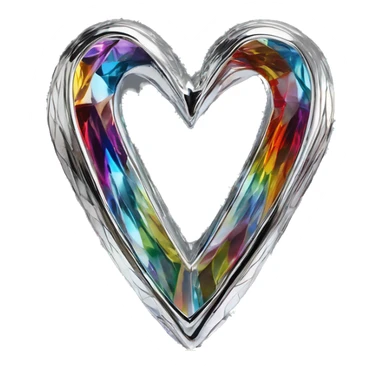 symbolic symmetric heart chrome sculpture symbolizing chromatic light with a geometric, faceted design. The heart is standing upright with angular and baroque features. The vibrant rainbow of colors highlights the sharp edges and planes.  sticker