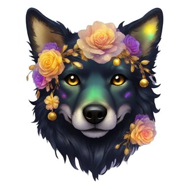 Black iridescent fluffy dog fox head zombie skull skeleton gold mechanical nebula galaxy stars colorful flowers fairy lights vintage sticker