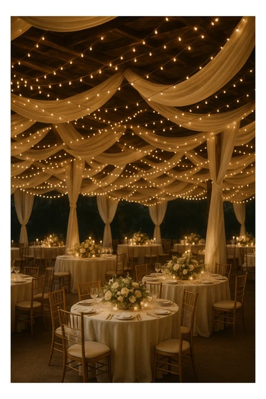 hanging string lights and draped fabric, dreamy wedding reception decor sticker