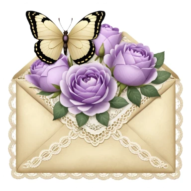 A delicate still life of an aged love letter sealed with golden wax, placed on a vintage lace doily, accompanied by a bouquet of pale purle roses and white peonies, with a shimmering pearl butterfly resting on the envelope. sticker