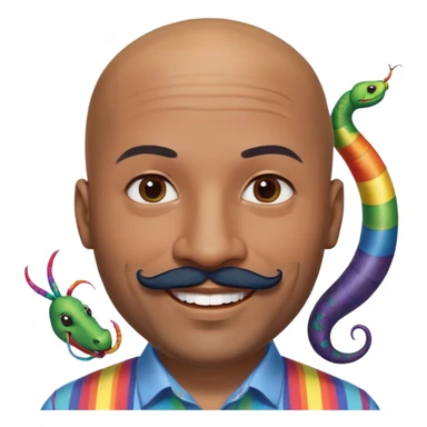 Oxumarê as a very happy and spontaneous smiling 37-year-old bald man with very dark skin, smooth oval head, indigenous facial features, mustache with circular beard only on chin, a round mole on the right side below the lip, wearing a blue striped dress shirt, with rainbow serpent, Memoji style sticker