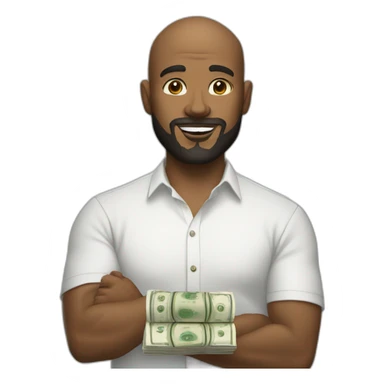 white male with small beard and almost bald holding stacks of money smart casual shirt sticker