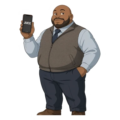 Transform this person into a Ghibli-inspired animated character (like Spirited Away), keeping his professional outfit but making him look extra stylish and confident. Add a Verizon phone in his hand with the word 'JUICE' on the screen. The overall style should be clean, polished, and professional, with a 'fly' vibe. Remove the background for a clean look. sticker