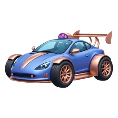 dark crystal blueberry and rosegold-accented cyber drift-racing car driven by a small cute relaxed chameleon with rear spoiler, roll bar, and wheely bar sticker
