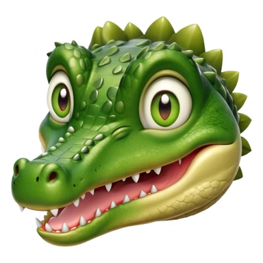 Cinematic Realistic Cute Crocodile Portrait Emoji, Head tilted playfully and inquisitively, featuring a robust, well-defined build with intricately detailed, glossy olive-green scales and a surprisingly endearing face with round, sparkling eyes full of unexpected charm, rendered with lifelike texture and natural highlights, high shine, affectionate and spirited, styled with a touch of wild whimsy, soft glowing outline, capturing the essence of a mischievous yet lovable crocodile that seems poised to snap playfully out of the screen into your arms! sticker