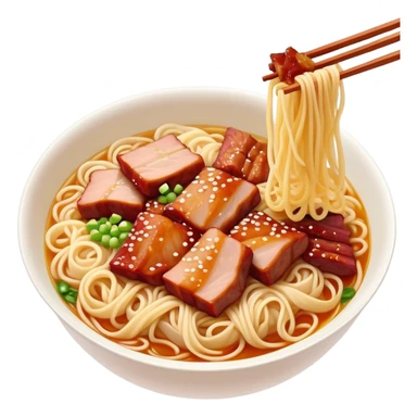 Cantonese Wonton Noodles with char siu pork, simplified emoji style with bold outlines and bright colors, cartoon style Hong Kong style thin egg noodles sticker