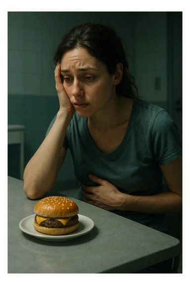 realistic and cinematic illustration of a woman experiencing nervous hunger during menstrual cycle, longing expression, posture suggesting craving for food, clinical atmosphere, dramatic lighting, realistic details, no text, vertical 2:3 format sticker