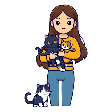tan girl with long brown hair holding two cats, one black cat and one grey-striped cat sticker