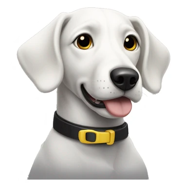 Black and white dog with one slightly floppy ear, and one year higher. She has a yellow collar with a round tag. Her mouth is closed. sticker
