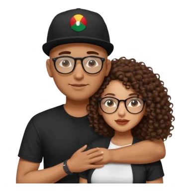 A picture of a tanned couple embracing. the guy is Mexican, with a bald hair cut and he has a SnapBack hat on. The girl is mixed, the girl is wearing a black shirt, the girl has brown curly big hair and the girl has big boobs and the girl wears glasses  sticker