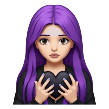 A Kylie Jenner with long purple hair is sad and holds a black heart in her hands sticker
