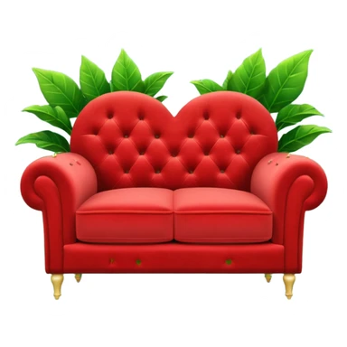 swanky red velvet loveseat with a mic in front, plant in back, and sparkles sticker