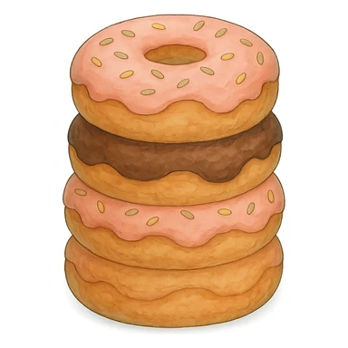 A stack of donuts in Ghibli style, detailed, with soft blue colors, no background. sticker