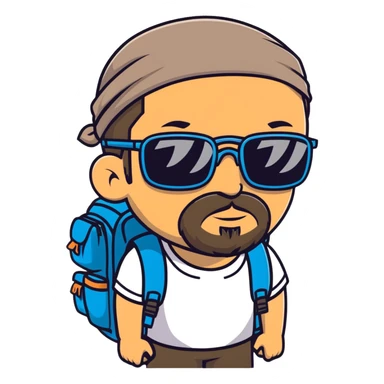 adventurer with goatee beard (no beard on cheeks), short hair, glasses, bandana on head and backpack sticker