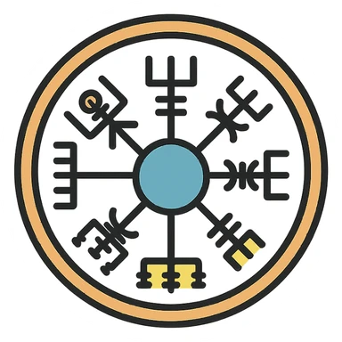 Vegvisir symbol, lineal color outlined icon, black outlines, subtle color accents sticker