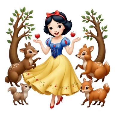 Cinematic Playful Snow White Portrait Emoji, Laughing while dancing with woodland animals, dress twirling gracefully, a whimsical sparkle in her eye, radiating charm and pure delight! sticker