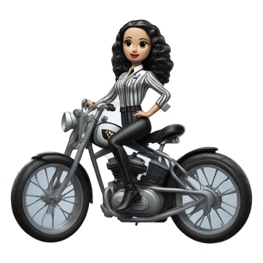 Jeffery New York Lingerie Barbie white Wednesday Addams from academy in vertically-striped gray and black officer’s uniform. Leaning back, riding a wheelie on a hot rod bike sticker