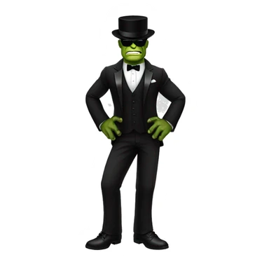 The hulk in a tuxedo black shoes black pants top hat and sunglasses sticker