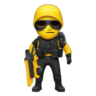 person that looks like a robber with a black watergun with yellow skin sticker