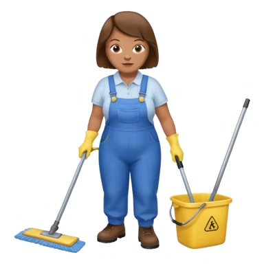 old and fat women, brown hair, Custodian with yellow rubber gloves, white T-shirt, blue overalls, mopping floor sticker