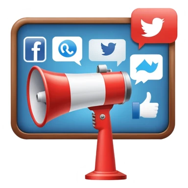 An icon featuring a megaphone, a billboard, and social media icons, symbolizing advertising and public relations. The design includes a press release and a rising graph, representing brand promotion and communication strategies. Transparent background highlights media influence and outreach. sticker