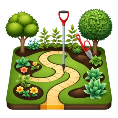 Icon for Landscape Design: a garden layout with plants, trees, paths, and design tools like a spade, pencil and measuring tape. The icon should represent creativity in outdoor space planning and gardening. Transparent background. sticker