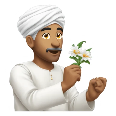 Omani man wearing white turban and catching flower on his mouth  sticker
