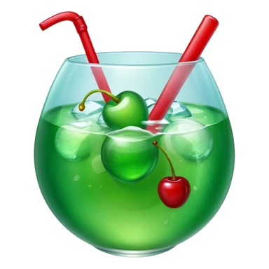Create an emoji with a very clear rounded glass and ice, bright transparent green soda , a smooth vanilla scoop circle shape, a glossy red cherry, using vibrant colors, soft shading, and clear glass highlights.
 sticker