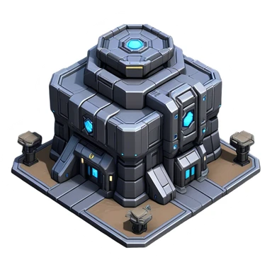 StarCraft-inspired, isometric RTS building with a rugged Terran look: thick metal plating, rivets, subtle wear, and a gunmetal palette plus one accent color. Add minimal glowing panels for a high-tech feel. Keep it compact—like a forward outpost—and show it from a clean isometric angle, emphasizing an industrial sci-fi style and clear silhouette. sticker