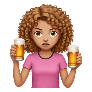 Girl with long light brown curly hair and pink t-shirt with beers on hand and angry face sticker