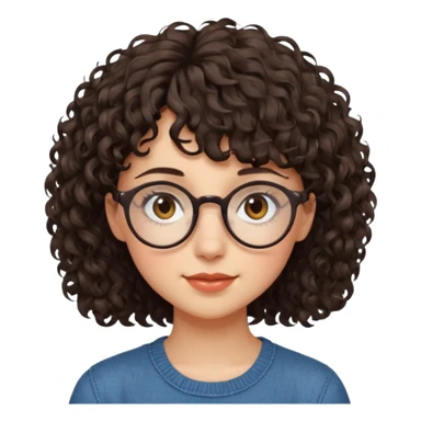 Koyu renk, dağınık kıvırcık saçlı, kısa kahküllü, yuvarlak gözlüklü ve büyük kahverengi gözlü bir genç kadının yüzünü gösteren emoji tarzı illüstrasyon. Hafif bir gülümseme veya tatlı bir sırıtış ifadesi var. Cilt tonu açık. sticker