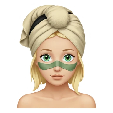 Femme blonde aux yeux bleus avec une serviette de bain noir enroulée sur la tête et un masque d’argile verte sur le visage sticker