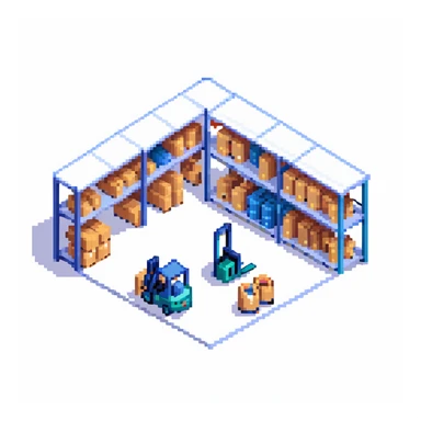 Single story warehouse in isometric perspective with forklift and storage racks sticker