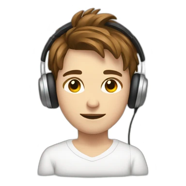 Teenager with brown hairs. Hearing music by headphones. White pullover sticker